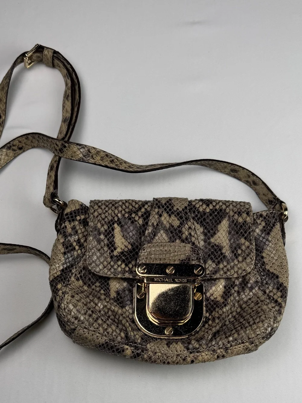Michael Kors Snake-Print Crossbody in Beige and Brown with Gold Hardware Classy